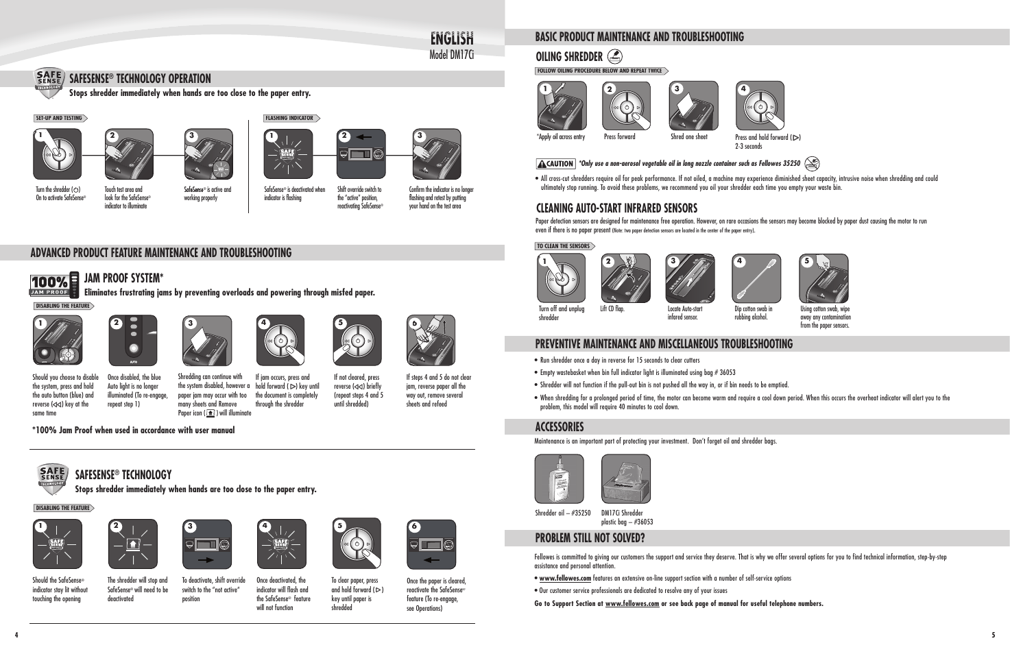 Model dm17ci, Safesense, Technology | Technology operation, Basic product maintenance and troubleshooting, Accessories, Problem still not solved, Oiling shredder, Cleaning auto-start infrared sensors | FELLOWES DM17Ci User Manual | Page 5 / 5