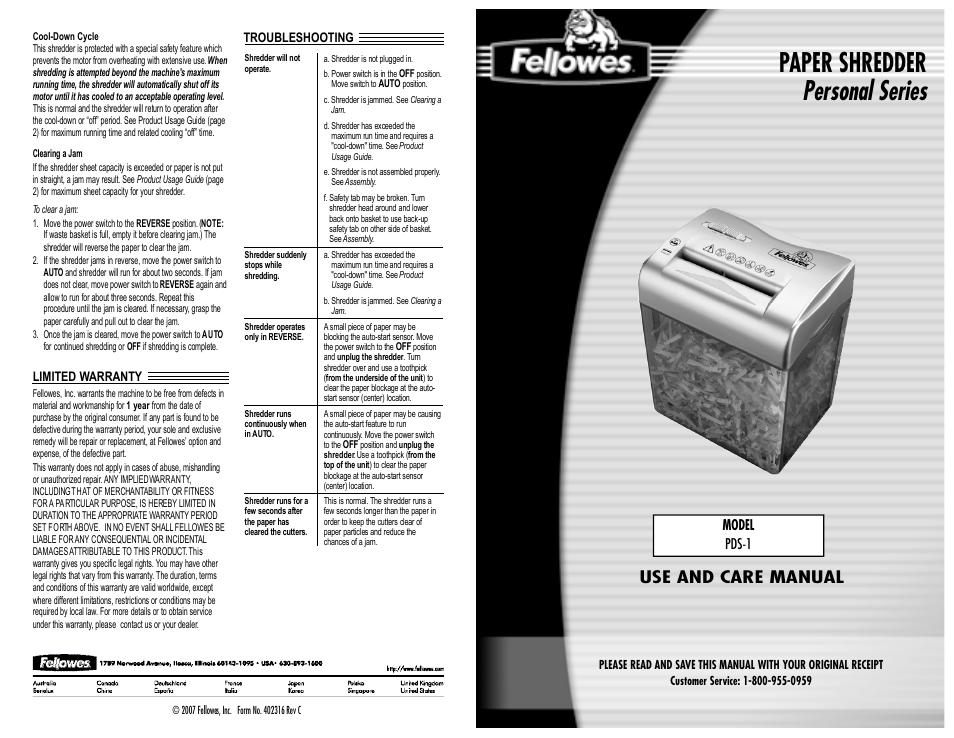 FELLOWES PDS-1 User Manual | 2 pages