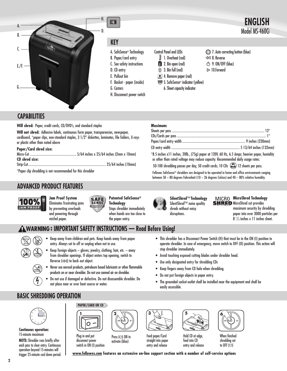 English, Important safety instructions — read before using, Capabilities advanced product features | Basic shredding operation, Model ms-460ci | FELLOWES MS-460Ci User Manual | Page 2 / 4