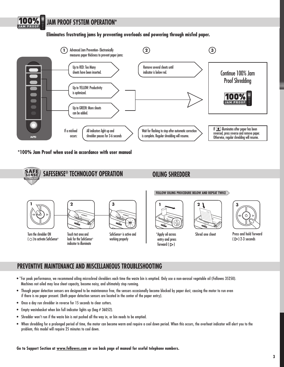Ms-460ci, Jam proof system operation, Safesense | Technology operation oiling shredder, Continue 100% jam proof shredding | FELLOWES MS-460Ci User Manual | Page 3 / 4