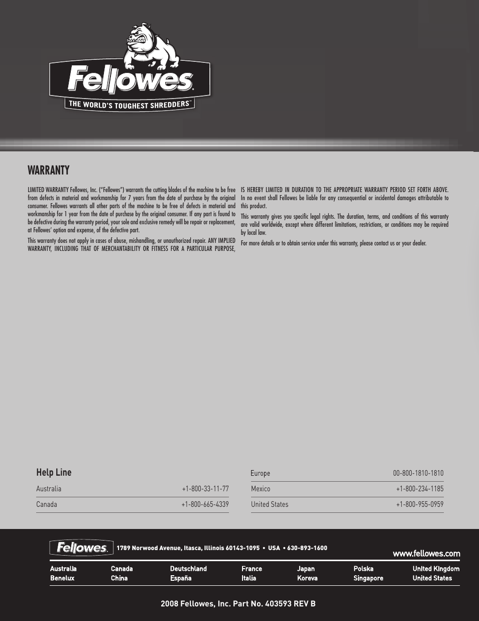 Ms-460ci, Warranty | FELLOWES MS-460Ci User Manual | Page 4 / 4