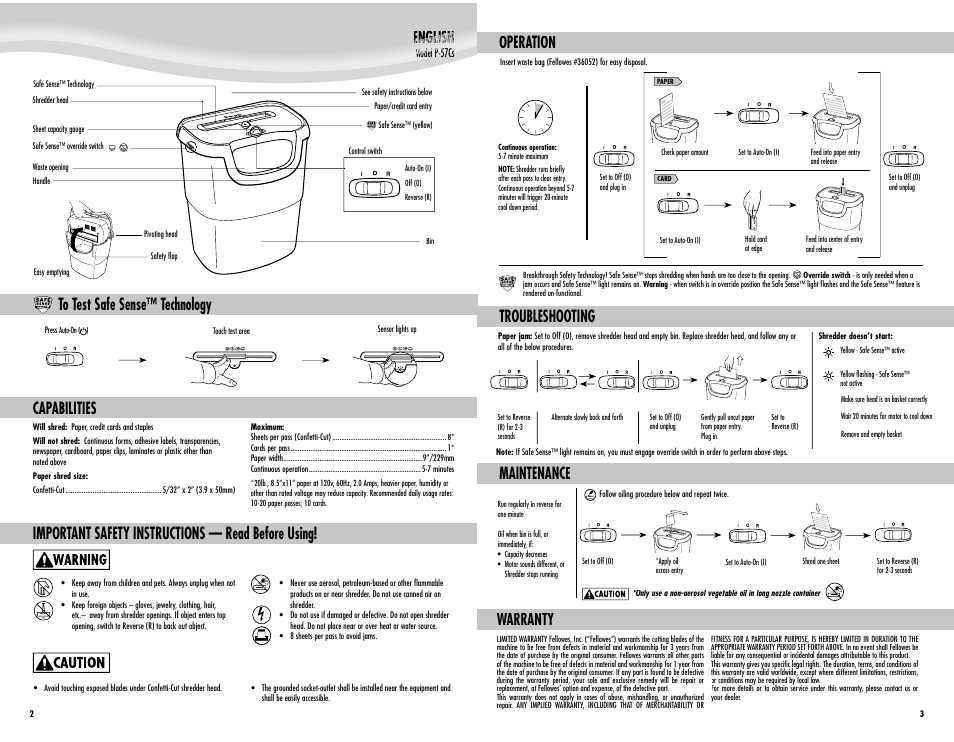 English, Capabilities, Important safety instructions — read before using | Operation troubleshooting, Warranty, Maintenance | FELLOWES P-57Cs User Manual | Page 2 / 2