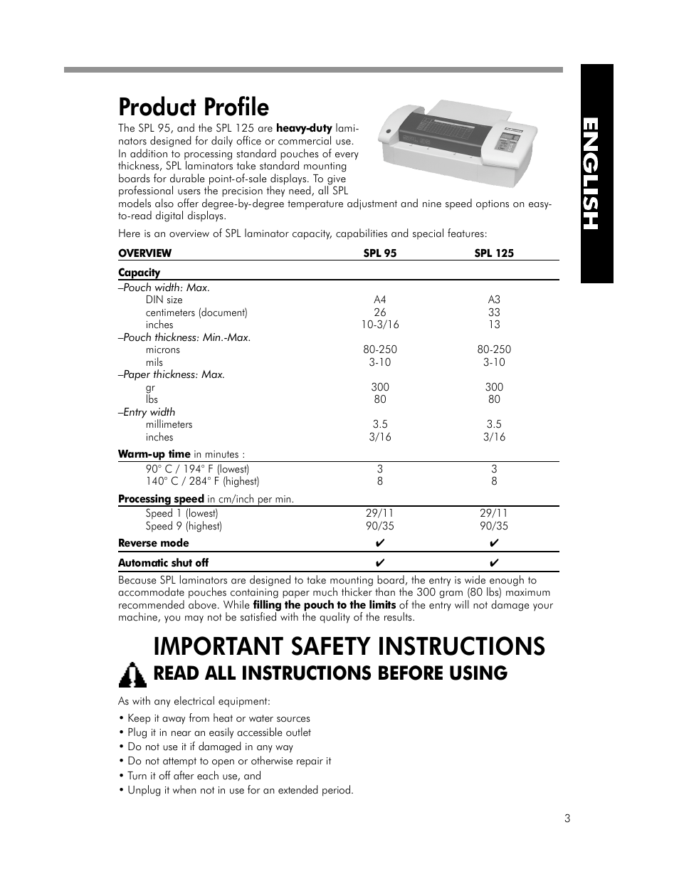 Important safety instructions, Read all instructions before using | FELLOWES SPL 125 User Manual | Page 5 / 9