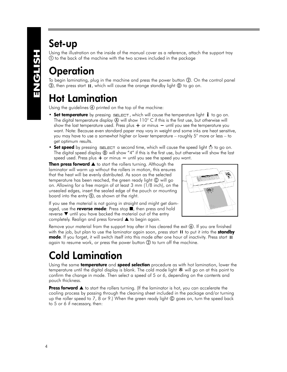 S e t- u p, Hot lamination, Cold lamination | FELLOWES SPL 125 User Manual | Page 6 / 9