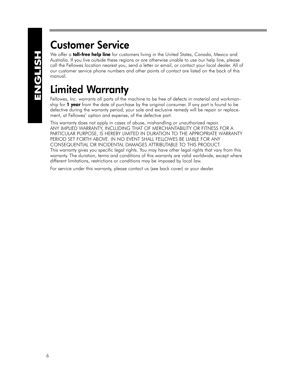 Customer service | FELLOWES SPL 125 User Manual | Page 8 / 9