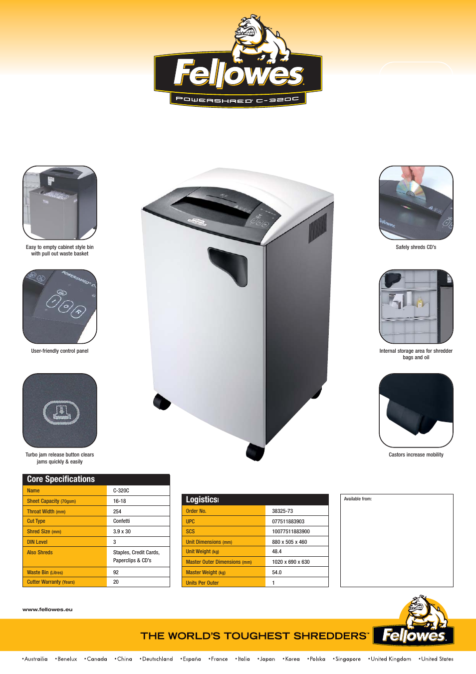 Logistics, Core specifications | FELLOWES POWERSHRED C-320C User Manual | Page 2 / 2