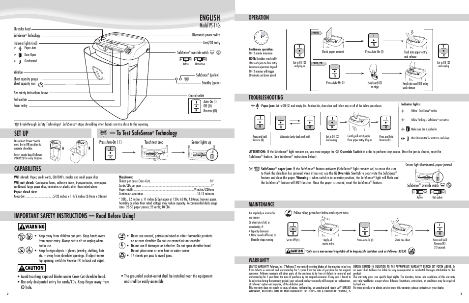 English, Important safety instructions — read before using, Technology | Capabilities, Set up, Operation troubleshooting maintenance, Warranty, Model ps-14cs, Sensor lights up press auto-on ( i ), Touch test area | FELLOWES PS-14Cs User Manual | Page 2 / 2