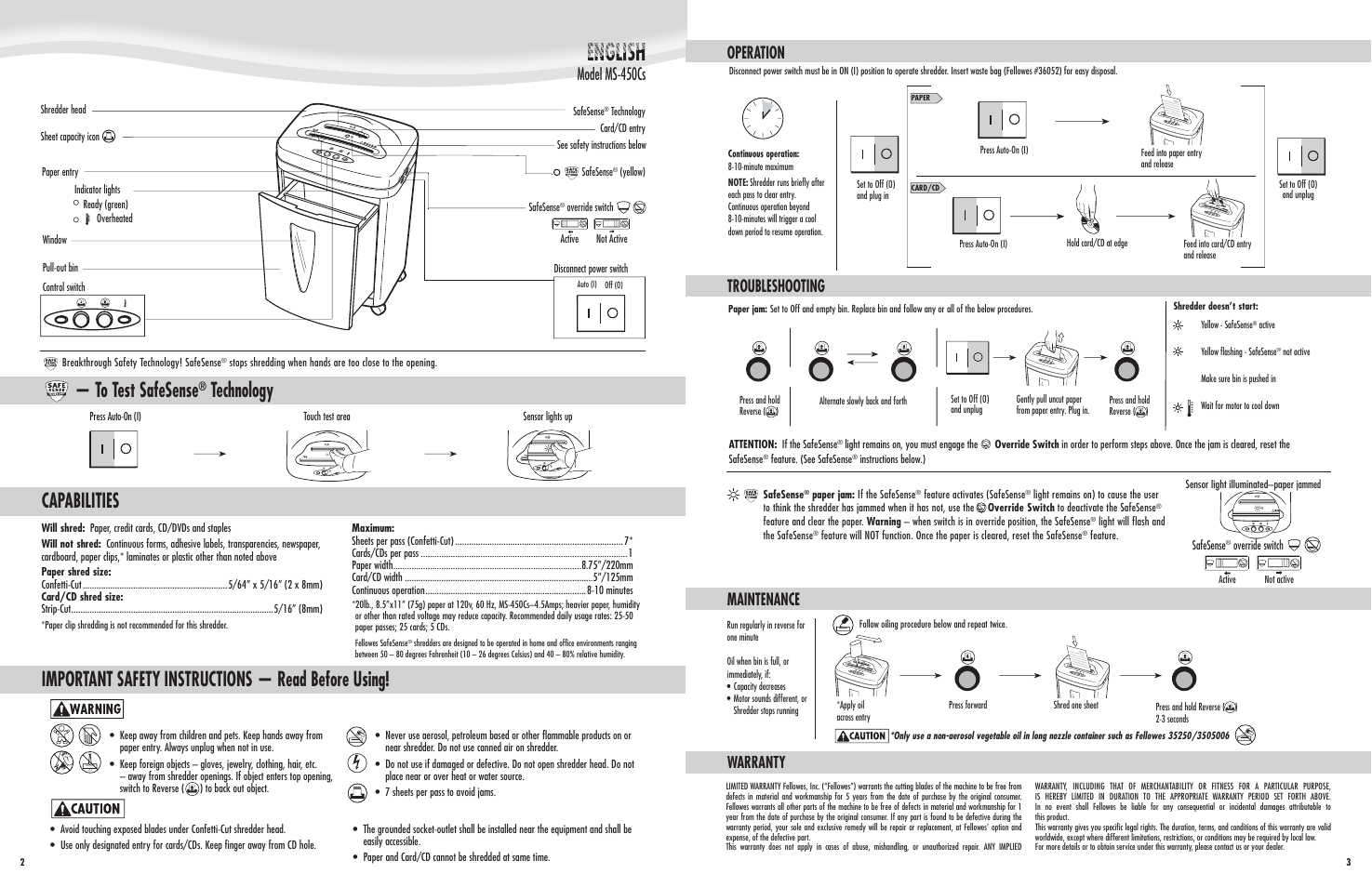 Operation troubleshooting maintenance, Warranty | FELLOWES MS-450Cs User Manual | Page 2 / 2