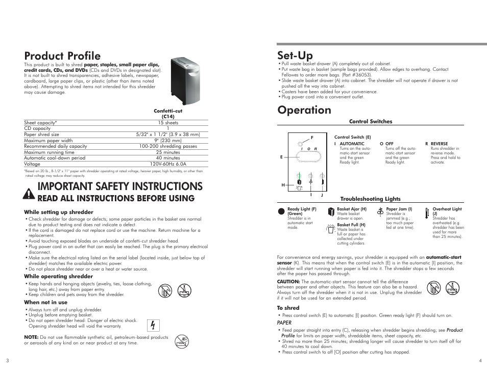 Set-up, Operation, Product profile | Important safety instructions, Read all instructions before using | FELLOWES C14 User Manual | Page 3 / 5