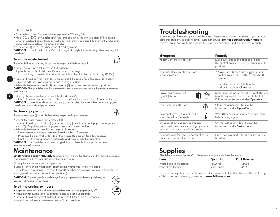 Troubleshooting, Supplies, Maintenance | FELLOWES C14 User Manual | Page 4 / 5