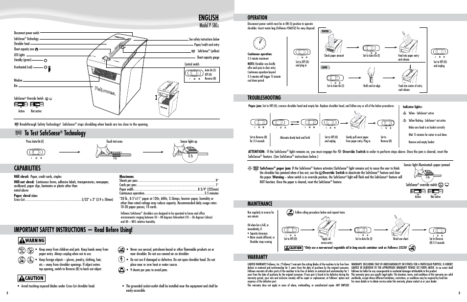 English, Technology, Model p-58cs | Operation troubleshooting maintenance warranty | FELLOWES P-58Cs User Manual | Page 2 / 2