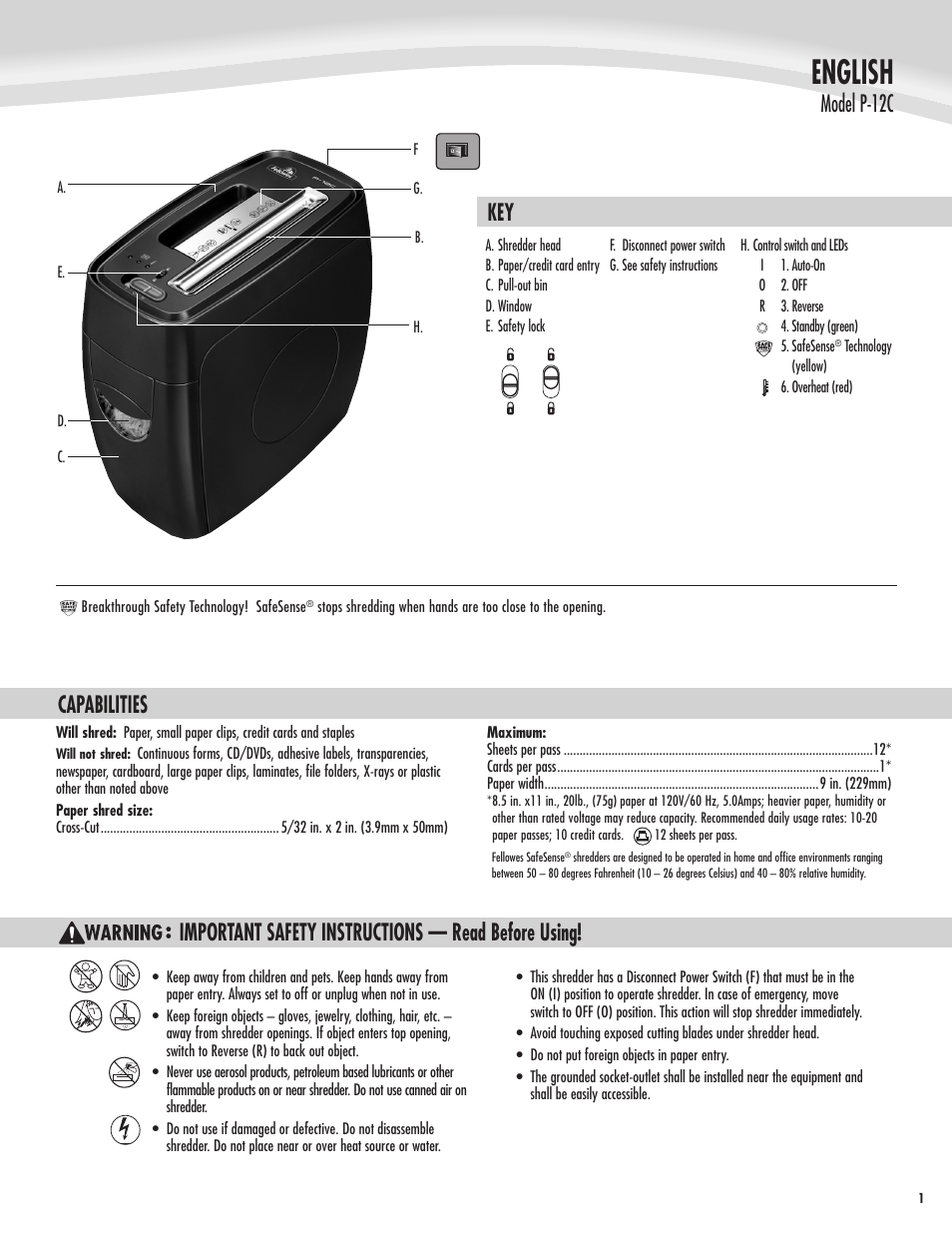 English, Key capabilities, Model p-12c | Important safety instructions — read before using | FELLOWES P-12C User Manual | Page 2 / 4