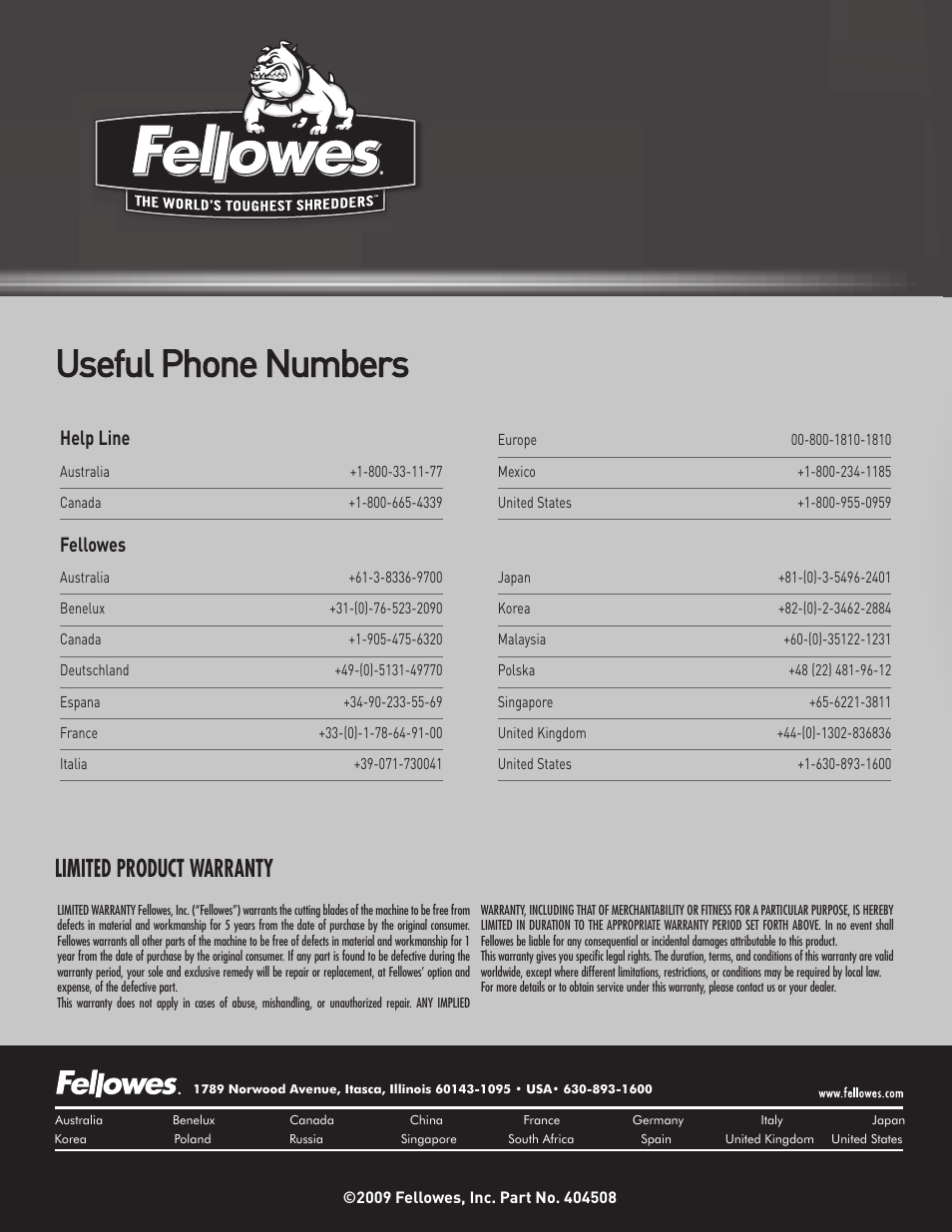 P-12c, Useful phone numbers, Limited product warranty | Fellowes, Help line | FELLOWES P-12C User Manual | Page 4 / 4