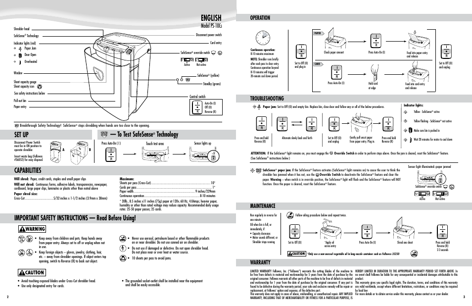 English, Important safety instructions — read before using, Technology | Capabilities, Set up, Model ps-10cs, Operation troubleshooting maintenance, Warranty, Control switch, Touch test area | FELLOWES PS-10Cs User Manual | Page 2 / 2