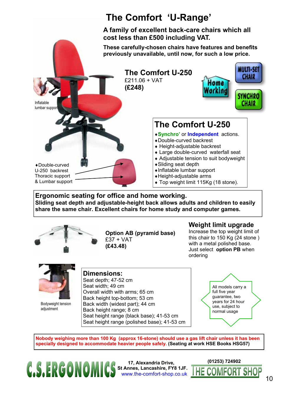 The comfort ‘u-range, The comfort u-250, Ergonomic seating for office and home working | Dimensions, Weight limit upgrade | FELLOWES C.S. Ergonomics RH 400 User Manual | Page 10 / 70