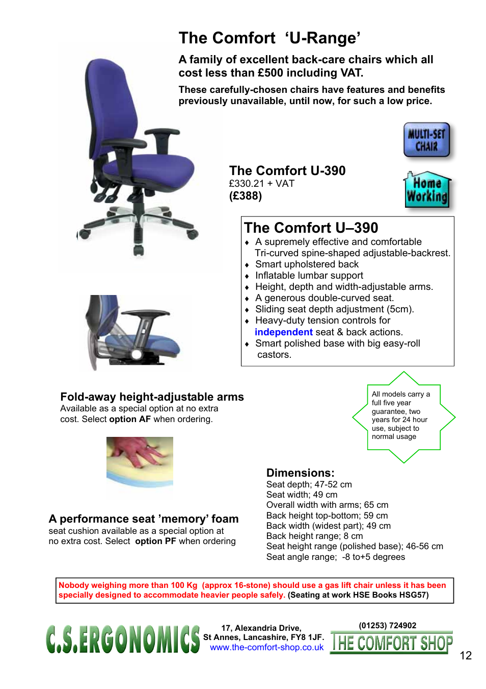 The comfort ‘u-range, The comfort u–390, The comfort u-390 | Dimensions, Fold-away height-adjustable arms | FELLOWES C.S. Ergonomics RH 400 User Manual | Page 12 / 70