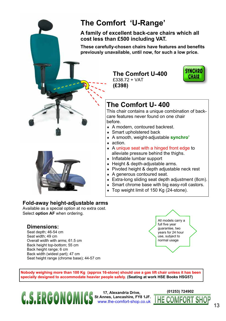 The comfort ‘u-range, The comfort u- 400, The comfort u-400 | Dimensions, Fold-away height-adjustable arms | FELLOWES C.S. Ergonomics RH 400 User Manual | Page 13 / 70