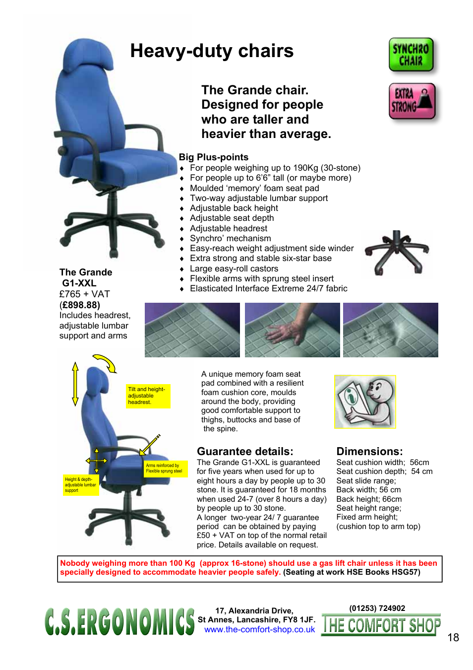 Heavy-duty chairs, Dimensions, Guarantee details | FELLOWES C.S. Ergonomics RH 400 User Manual | Page 18 / 70