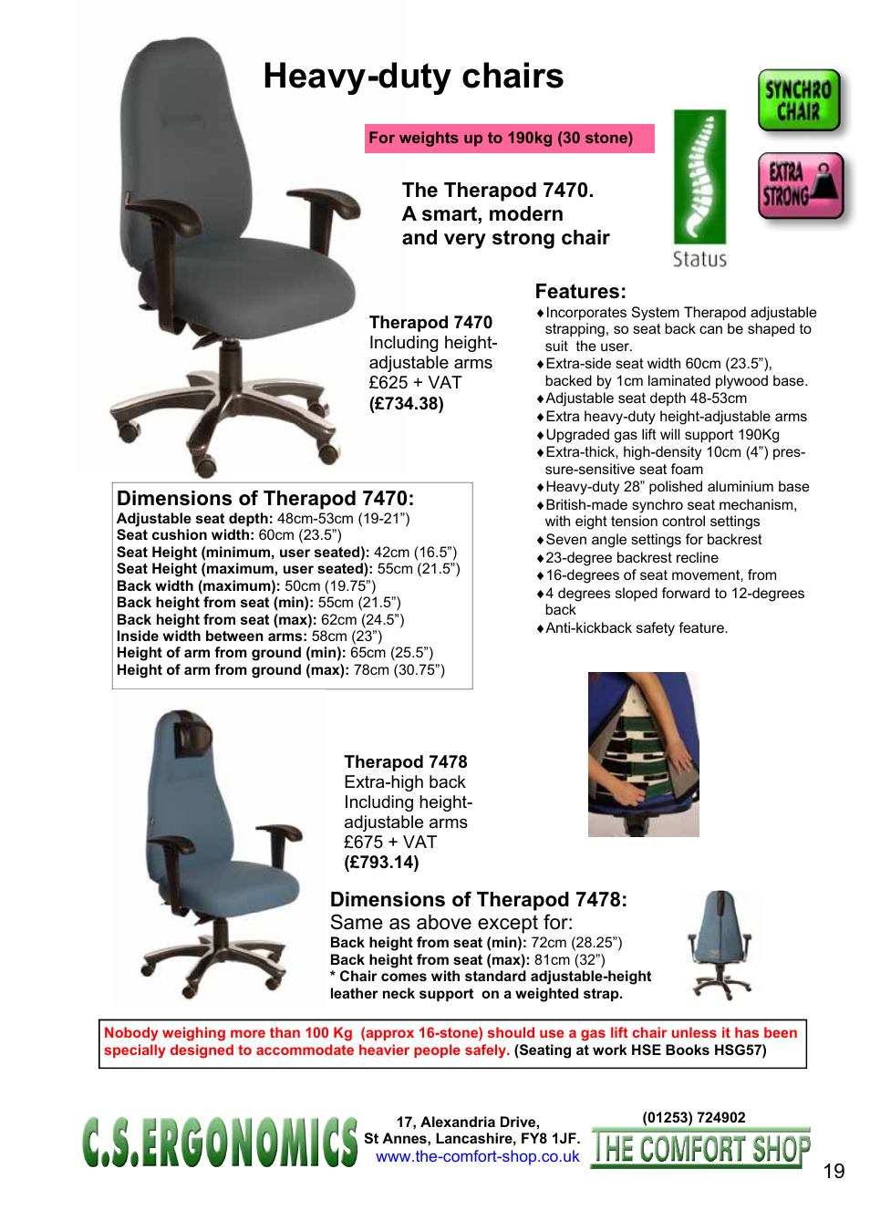 Heavy-duty chairs, Dimensions of therapod 7470 | FELLOWES C.S. Ergonomics RH 400 User Manual | Page 19 / 70