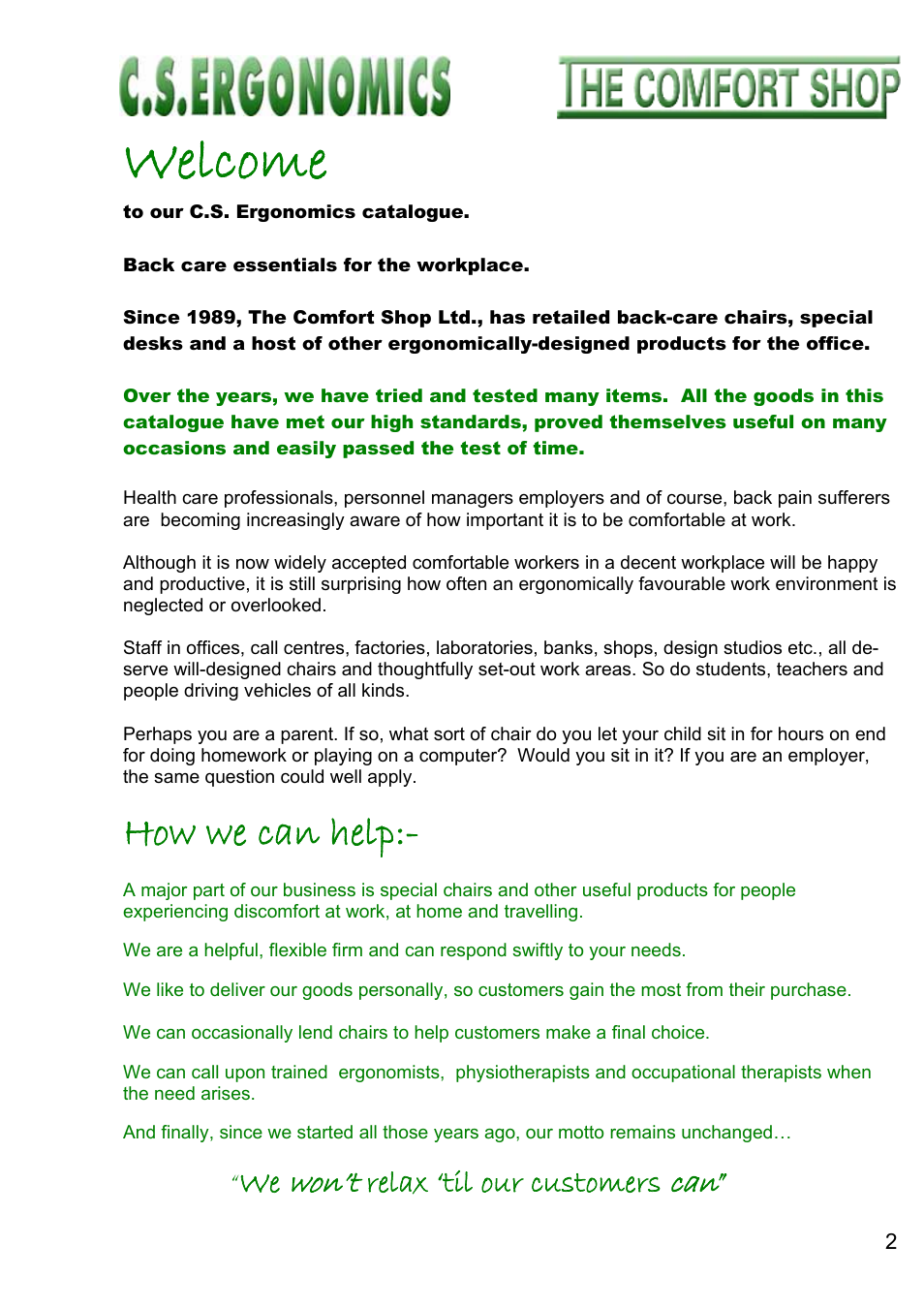 Welcome, How we can help, Won’t | Relax ‘til our customers | FELLOWES C.S. Ergonomics RH 400 User Manual | Page 2 / 70