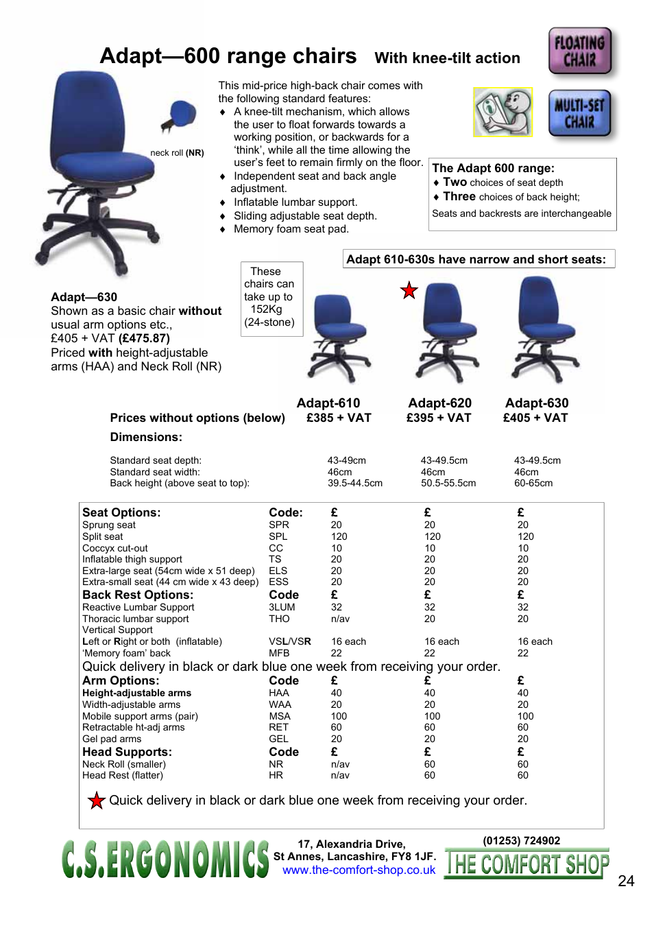 Adapt—600 range chairs, With knee-tilt action | FELLOWES C.S. Ergonomics RH 400 User Manual | Page 24 / 70