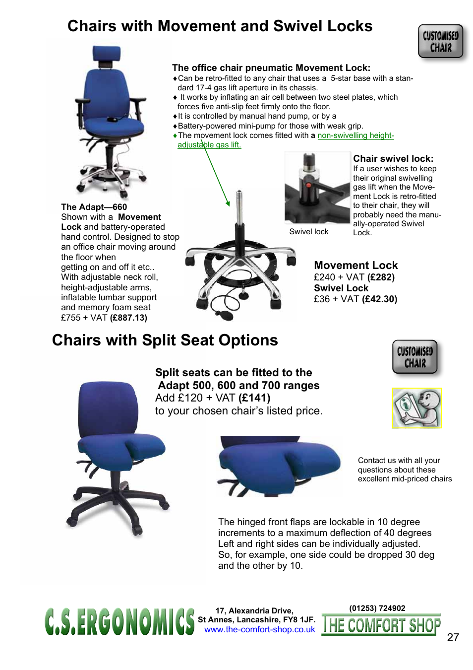 Chairs with movement and swivel locks, Chairs with split seat options, Movement lock | FELLOWES C.S. Ergonomics RH 400 User Manual | Page 27 / 70