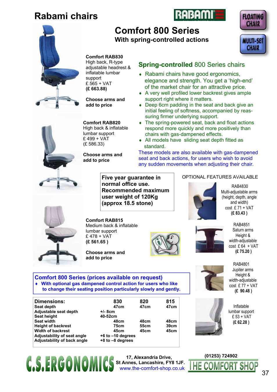 Comfort 800 series, Rabami chairs, Spring-controlled 800 series chairs | With spring-controlled actions | FELLOWES C.S. Ergonomics RH 400 User Manual | Page 37 / 70