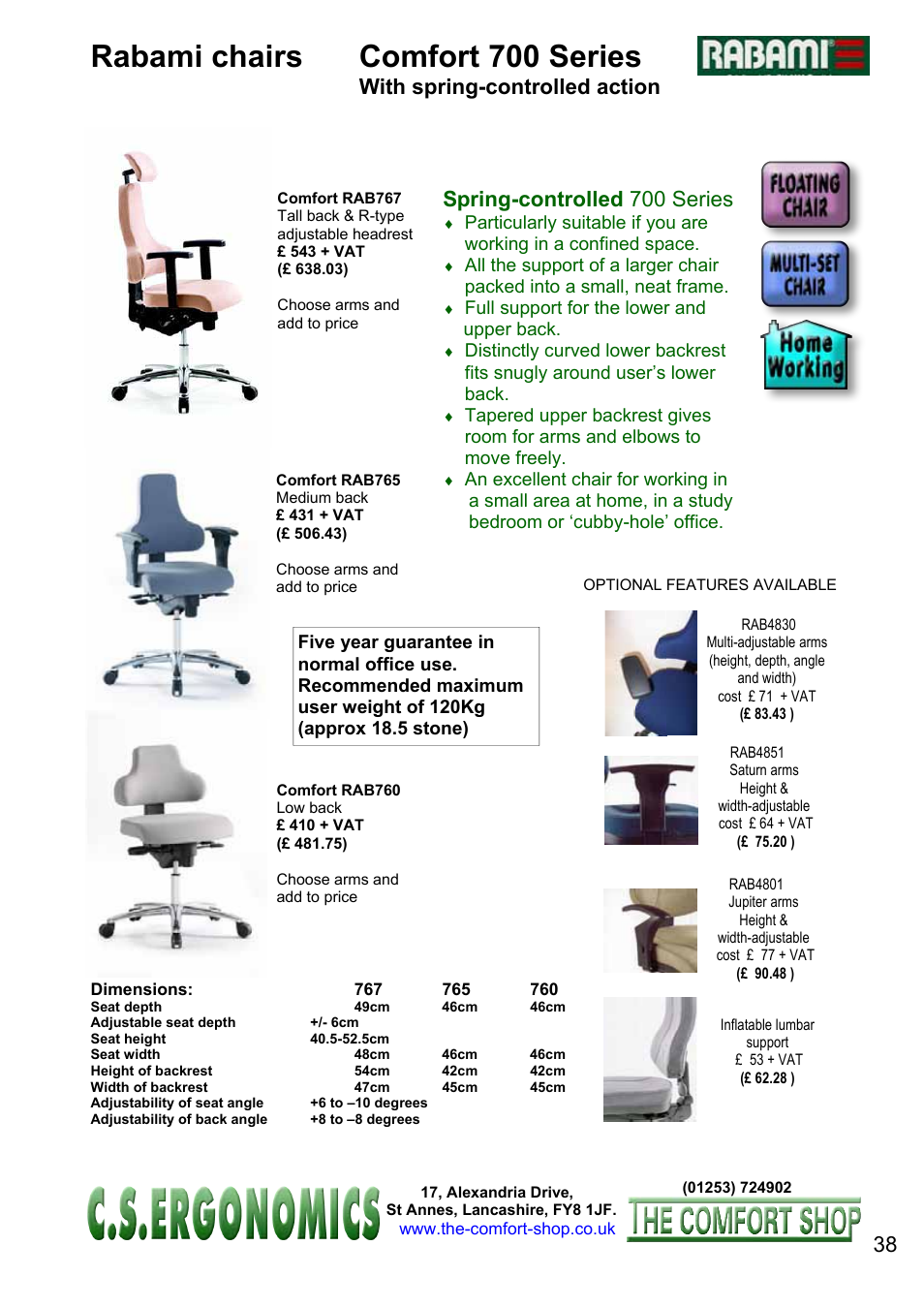 Comfort 700 series, Rabami chairs, With spring-controlled action | Spring-controlled 700 series | FELLOWES C.S. Ergonomics RH 400 User Manual | Page 38 / 70