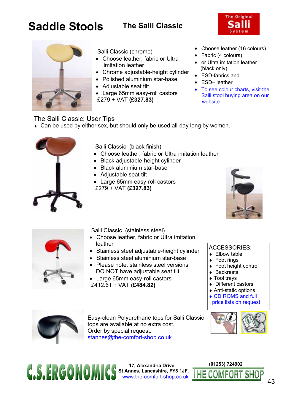 Saddle stools, The salli classic, The salli classic: user tips | FELLOWES C.S. Ergonomics RH 400 User Manual | Page 43 / 70