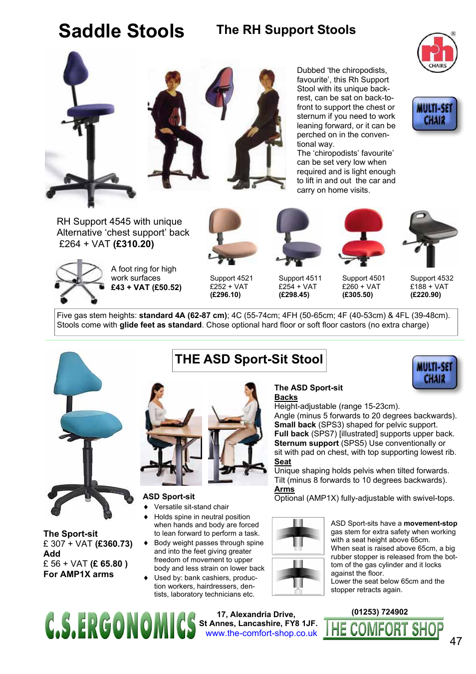 Saddle stools, The rh support stools the asd sport-sit stool | FELLOWES C.S. Ergonomics RH 400 User Manual | Page 47 / 70