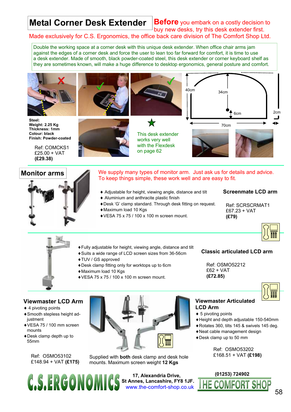 Metal corner desk extender, Before, Monitor arms | FELLOWES C.S. Ergonomics RH 400 User Manual | Page 58 / 70