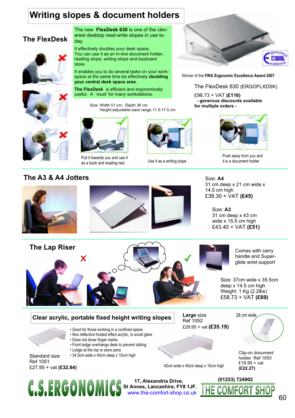 Writing slopes & document holders, The flexdesk, The a3 & a4 jotters the lap riser | FELLOWES C.S. Ergonomics RH 400 User Manual | Page 60 / 70