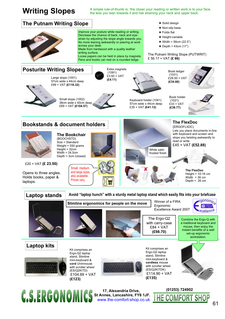 Writing slopes, Posturite writing slopes, Laptop stands | FELLOWES C.S. Ergonomics RH 400 User Manual | Page 61 / 70