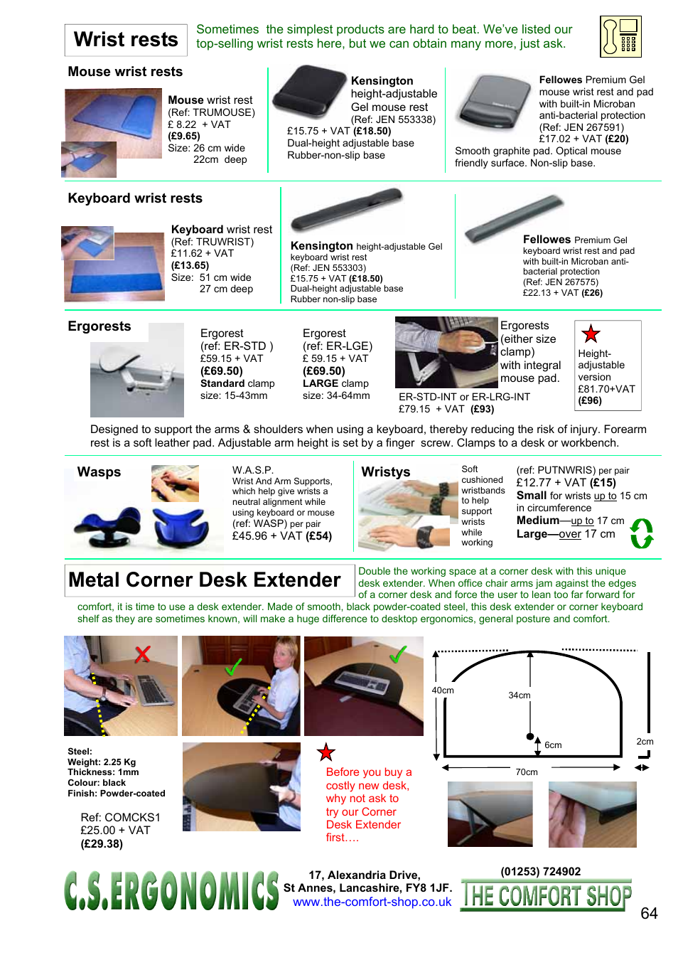 Wrist rests, Metal corner desk extender, Mouse wrist rests | Keyboard wrist rests, Ergorests, Wristys, Wasps | FELLOWES C.S. Ergonomics RH 400 User Manual | Page 64 / 70