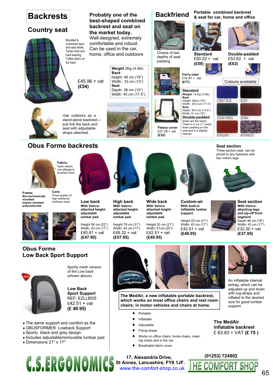 Backrests, Country seat, Backfriend | Obus forme backrests, Obus forme low back sport support | FELLOWES C.S. Ergonomics RH 400 User Manual | Page 65 / 70