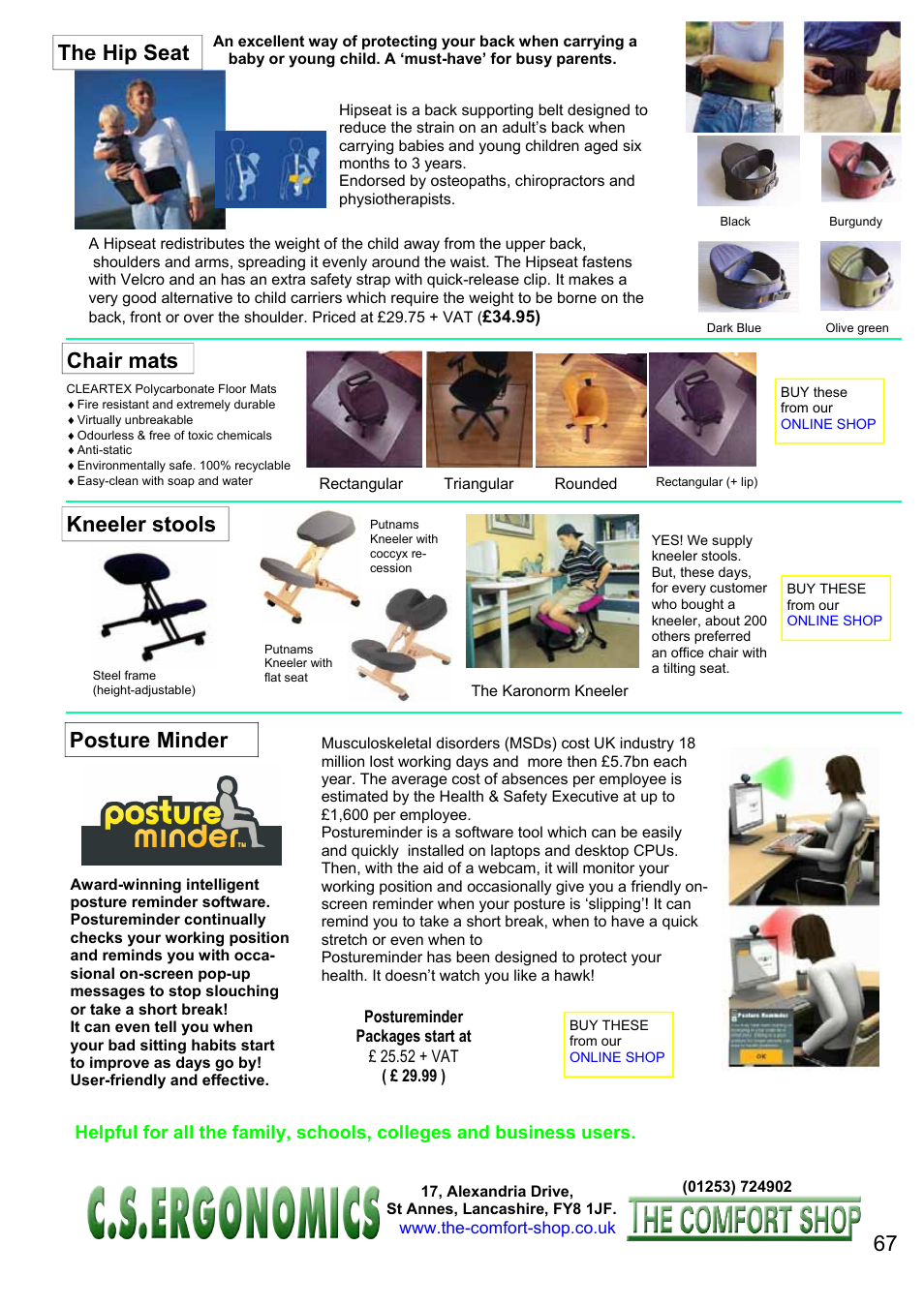 Chair mats, Kneeler stools posture minder, The hip seat | FELLOWES C.S. Ergonomics RH 400 User Manual | Page 67 / 70