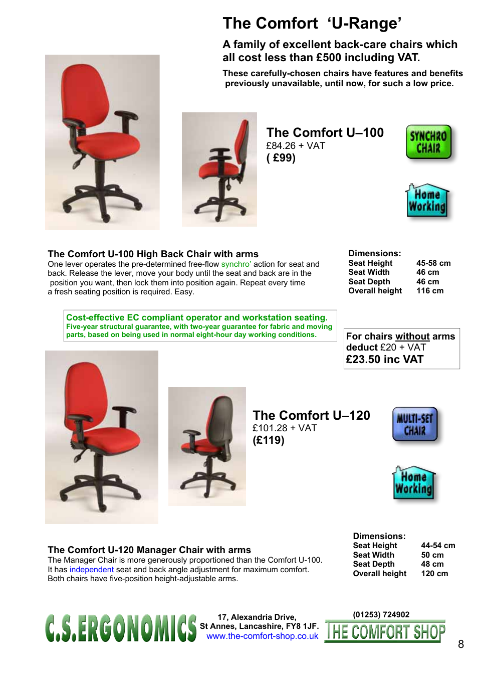 The comfort ‘u-range, The comfort u–100, The comfort u–120 | 50 inc vat | FELLOWES C.S. Ergonomics RH 400 User Manual | Page 8 / 70