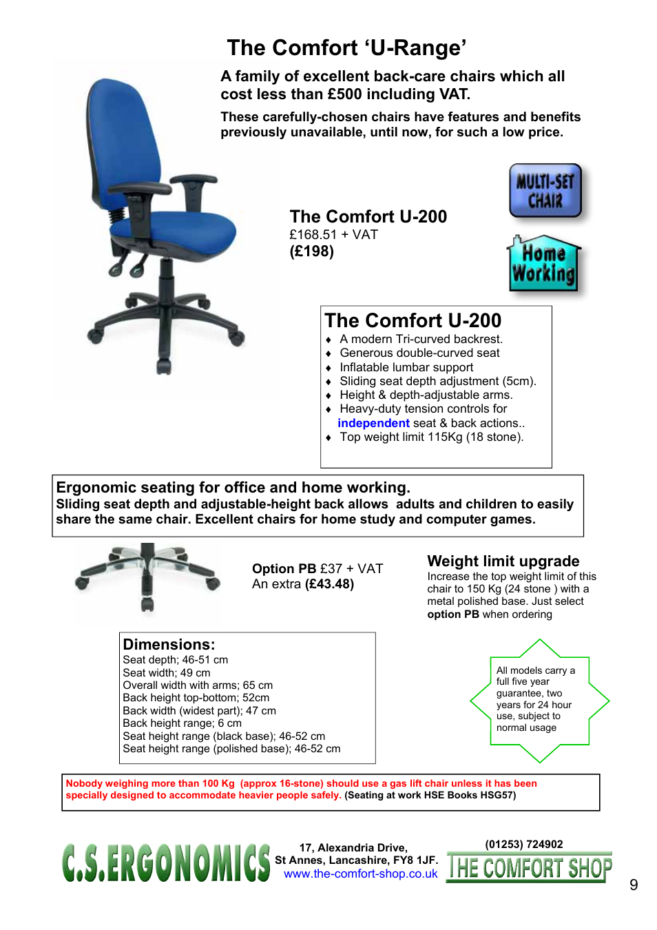 The comfort ‘u-range, The comfort u-200, Ergonomic seating for office and home working | Weight limit upgrade, Dimensions | FELLOWES C.S. Ergonomics RH 400 User Manual | Page 9 / 70