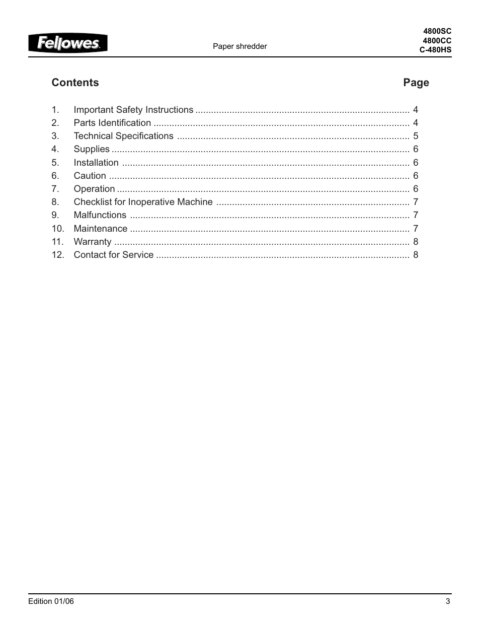 Contents page | FELLOWES 4800SC User Manual | Page 3 / 8