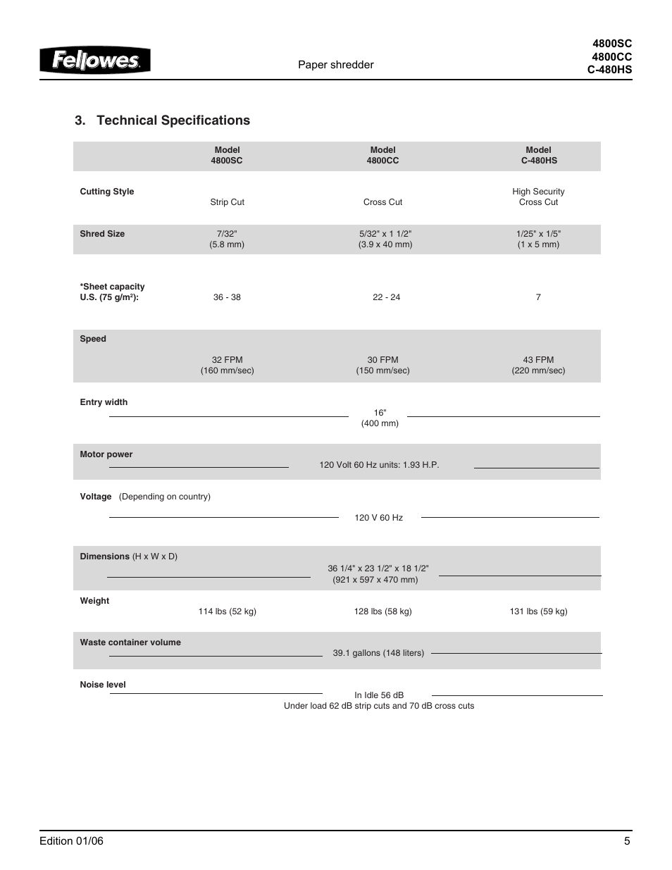 Technical specifications | FELLOWES 4800SC User Manual | Page 5 / 8