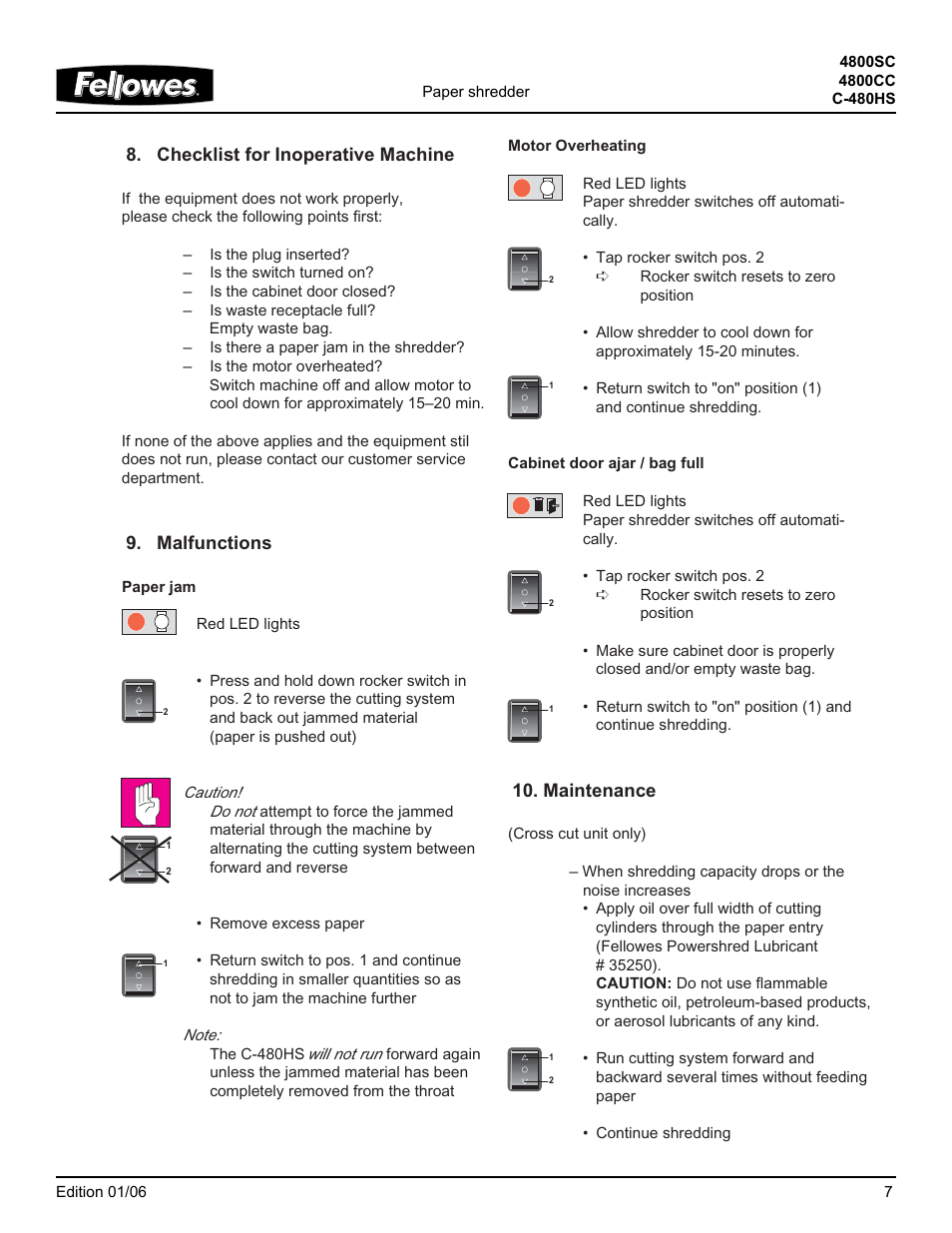 Checklist for inoperative machine, Malfunctions, Maintenance | FELLOWES 4800SC User Manual | Page 7 / 8