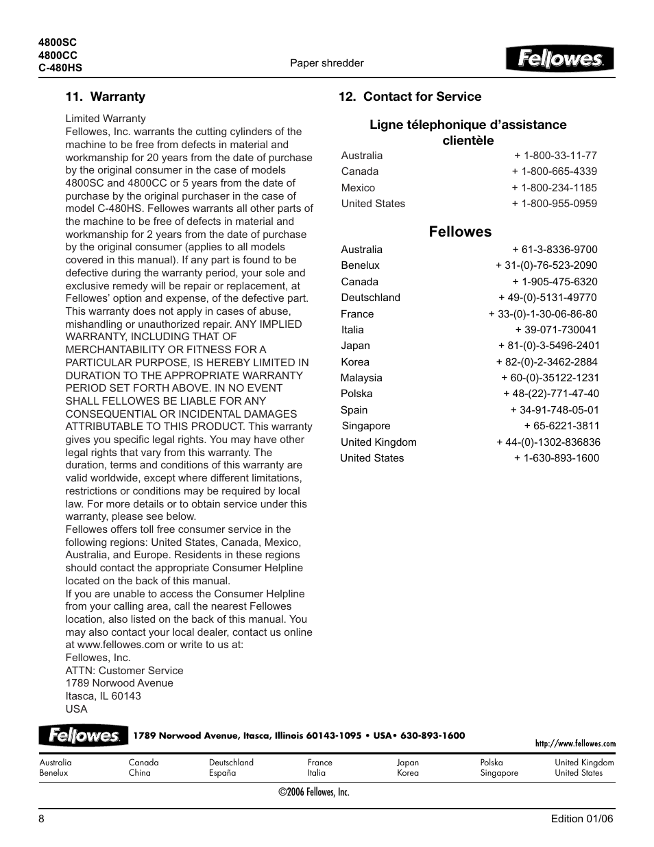 Helpline, Fellowes | FELLOWES 4800SC User Manual | Page 8 / 8