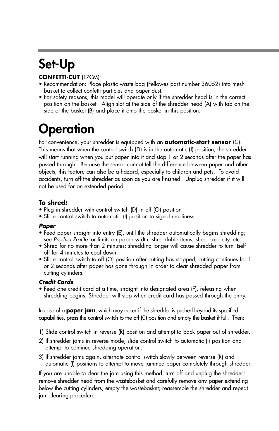 Set-up, Operation | FELLOWES T7CM User Manual | Page 5 / 8