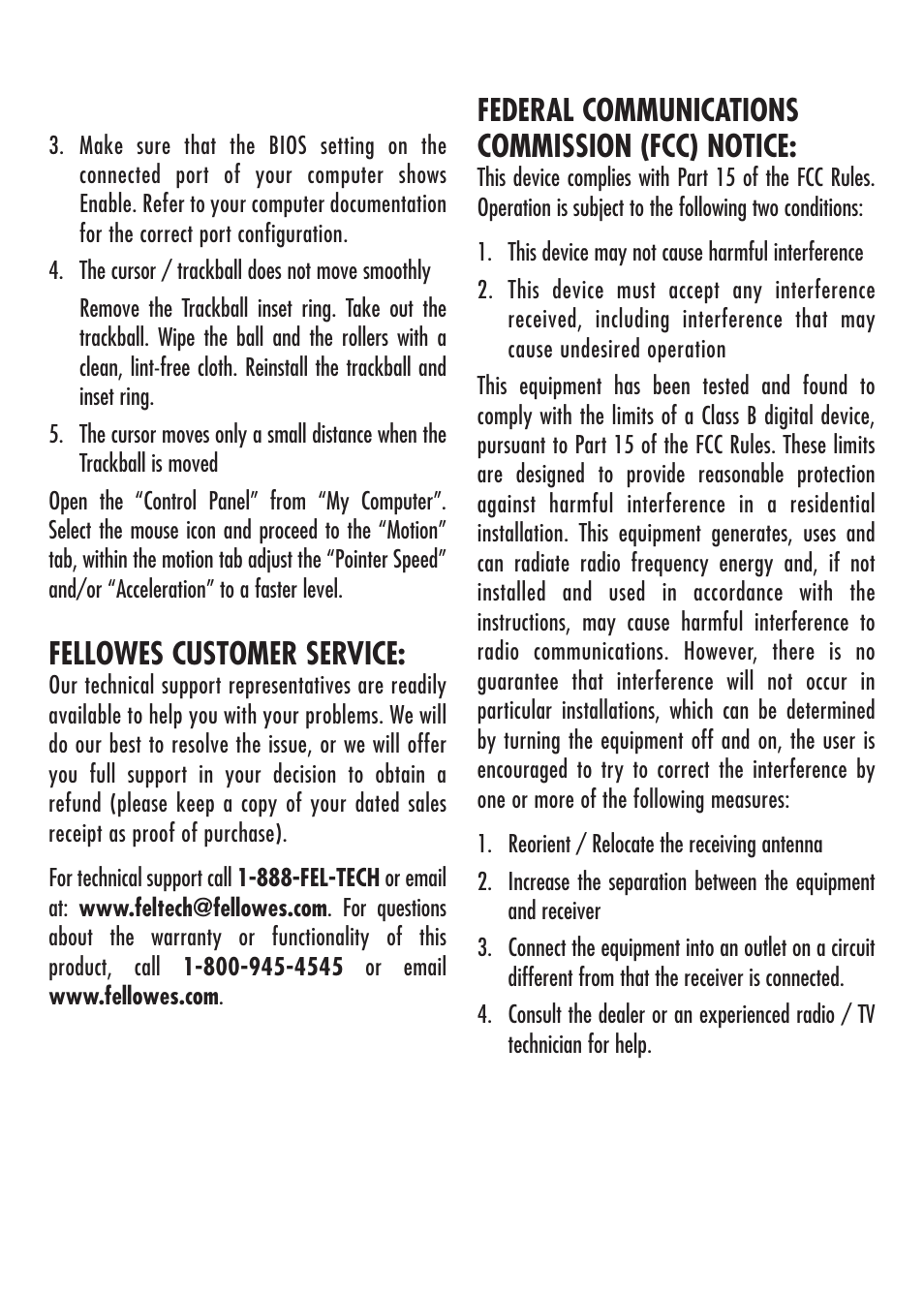 Fellowes customer service, Federal communications commission (fcc) notice | FELLOWES Computer Accessories User Manual | Page 3 / 4