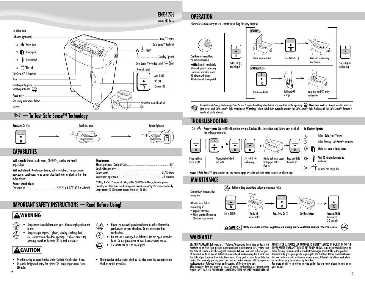 English, Capabilities, Important safety instructions — read before using | Operation troubleshooting, Warranty, Maintenance | FELLOWES SB-87Cs User Manual | Page 2 / 2