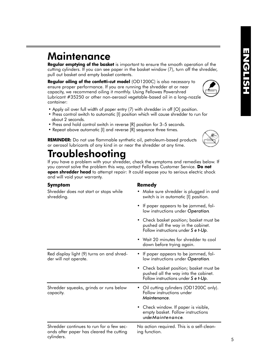 Maintenance, Troubleshooting | FELLOWES OD1200 User Manual | Page 6 / 8