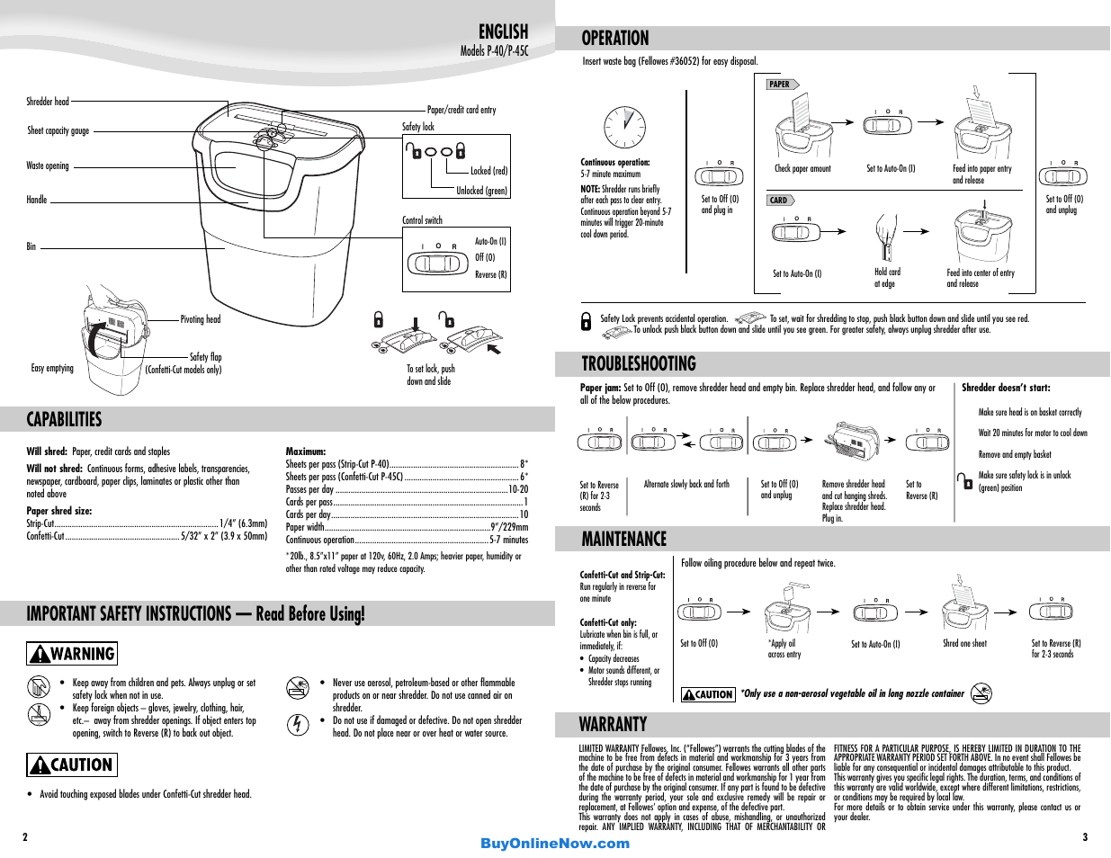 English, Capabilities, Important safety instructions — read before using | Operation troubleshooting, Warranty, Maintenance | FELLOWES P-40 User Manual | Page 2 / 2