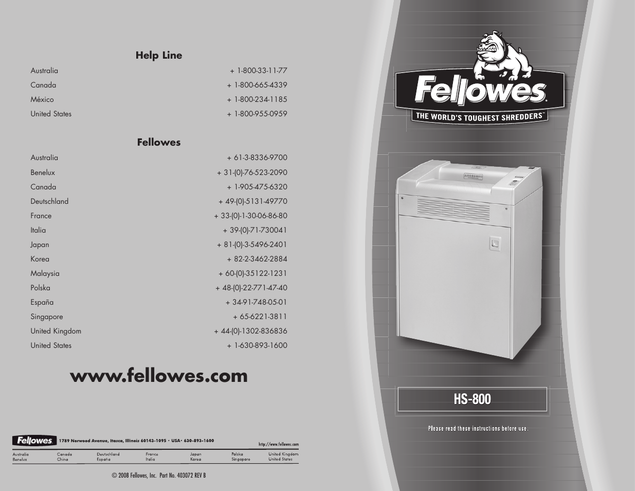 FELLOWES HS-800 User Manual | 2 pages
