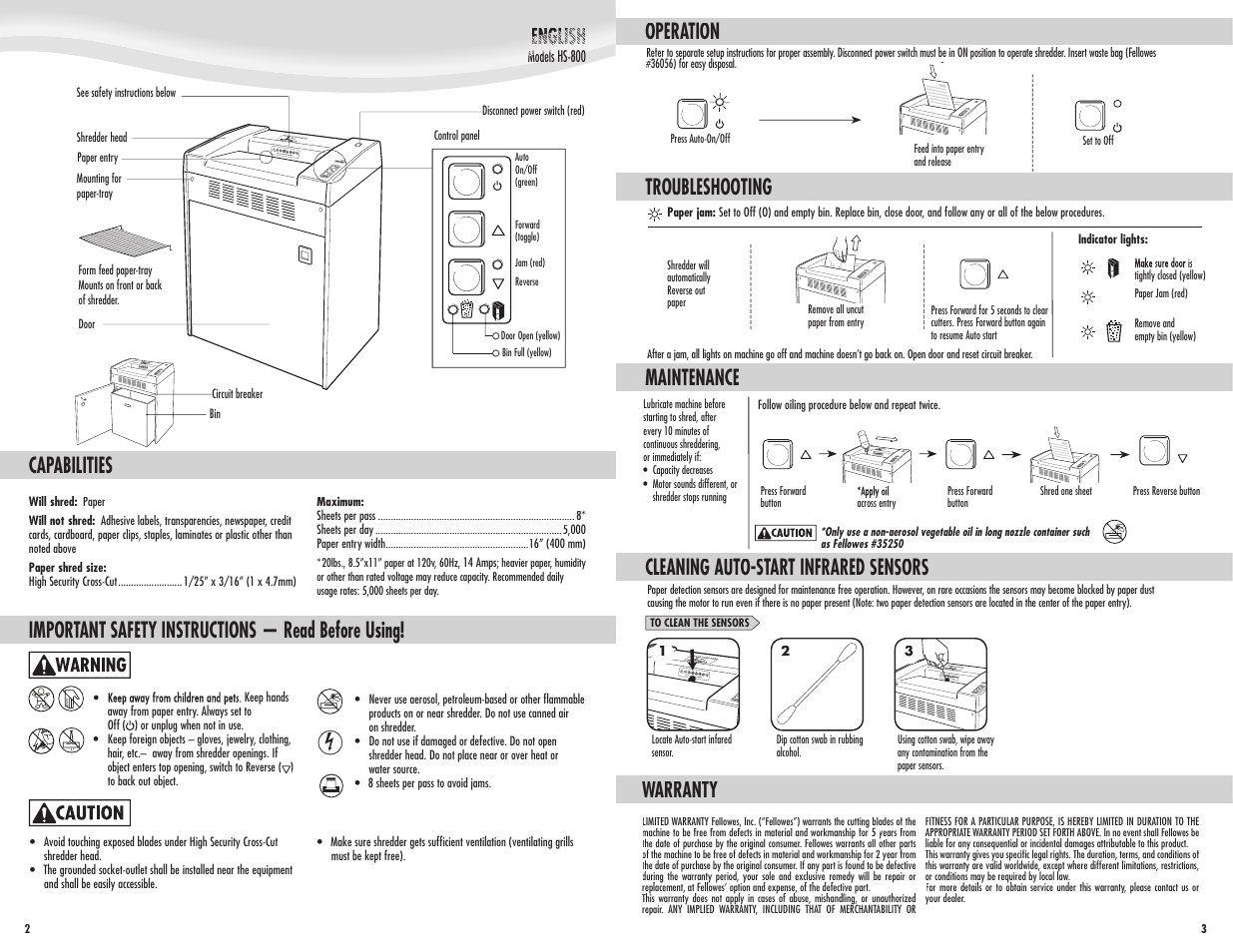 Capabilities, Important safety instructions — read before using, Operation troubleshooting | Maintenance warranty, Cleaning auto-start infrared sensors | FELLOWES HS-800 User Manual | Page 2 / 2