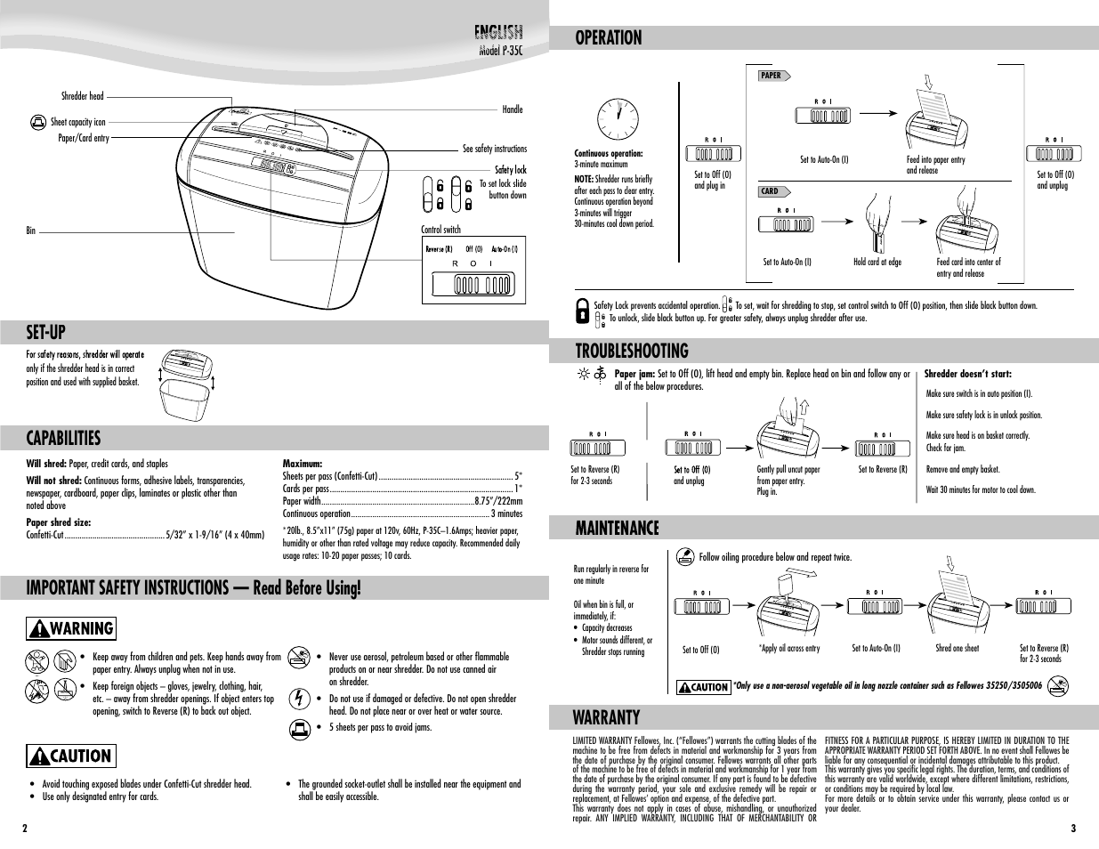 English, Capabilities, Important safety instructions — read before using | Set-up, Operation troubleshooting, Warranty | FELLOWES P-35C User Manual | Page 2 / 2